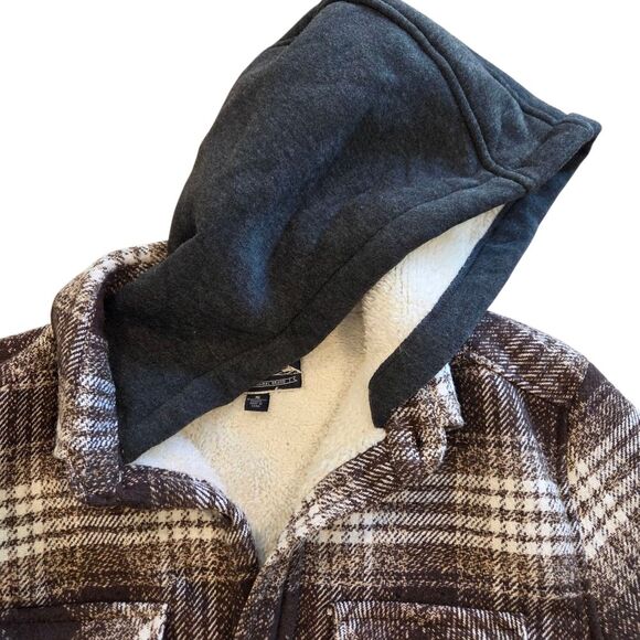 Distortion Men's Plaid Sherpa Hoodie Jacket Brown & White Size S Cozy Warm Fall - Picture 6 of 9